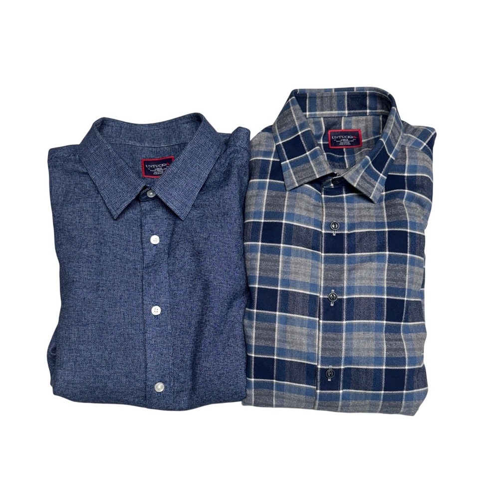 Untuckit Mens 2 Pack Slim Fit Wrinkle Free Cotton Shirts Blue Plaid Large